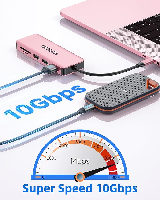 FORIDA 10G USB C Hub, 7 Ports Multiport Adapter to HDMI 4K for MacBook Pro/Air, USB C Splitter with USB 3.2 Port, 2 USB 2.0, Charing Port, Dual Card Redaer for iPhone 15/16/17 (Rose Gold, USB C 3.2)