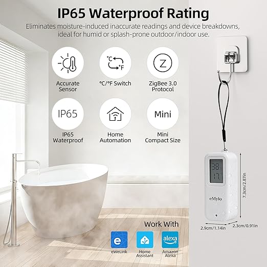 eMylo Zigbee Thermometer Hygrometer 2 Pack, IP65 Temperature Humidity Sensor with Digital LED Display, Zigbee Hub Required,Remote Monitoring&Smart Home Automation,Compatible with Home Assistant,Alexa