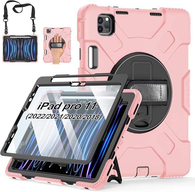Case for iPad Pro 11 Inch 2022/2021/ 2020/2018: Silicone Cover for iPad 11 Inch 4th/ 3rd/ 2nd/ 1st/ Generation with Screen Protector- Stand- Handle- Shoulder Strap- Pencil Holder- Rose Gold