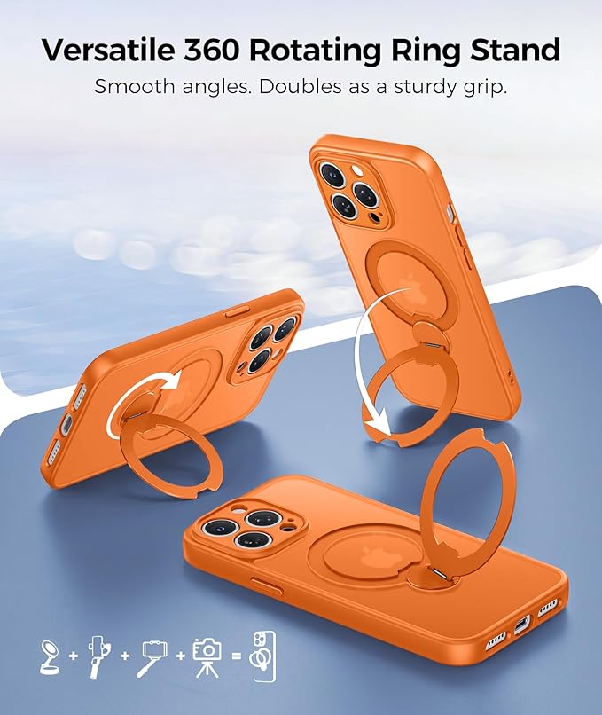 FNTCASE for iPhone 13 Pro-Max Case: [360 Spin Magnetic Stand] [Compatible with Magsafe] [Screen Protector] Translucent Matte Military Grade Shockproof Full Camera Protective Phone Cover - Orange