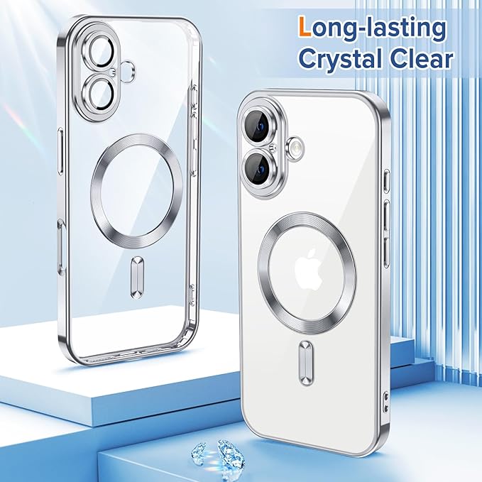 Hython Magnetic Clear for iPhone 16 Plus Case with Camera Lens Protector [Compatible with MagSafe] Luxury Plating Edge Slim Soft TPU Cover Protective Phone Case for iPhone 16 Plus 6.7", Silver