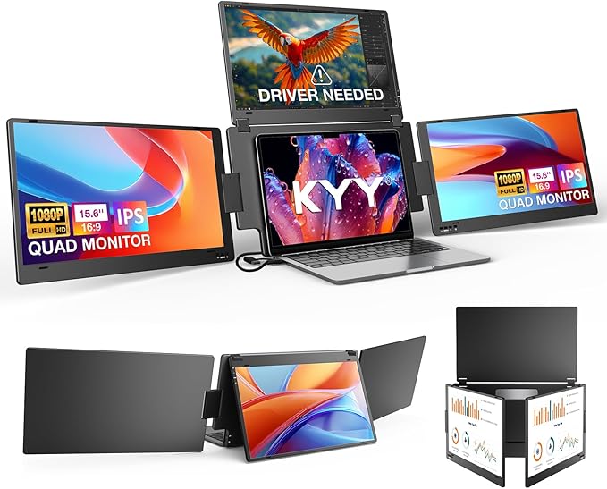 KYY Laptop Screen Extender 15.6''1080P Quad Portable Monitor, Triple Monitor 1 USB-C Connection, Auto-Rotation Top Display, Built-in Stand, for 12–17'' Laptop, for Windows MacOS Linux(Ubuntu)