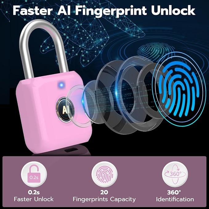 Fingerprint Padlock,Smart Padlock with APP Unlock,Fingerprint Locker Lock,USB Rechargeable for Gym Locker,Locker, School,Storage, Luggage