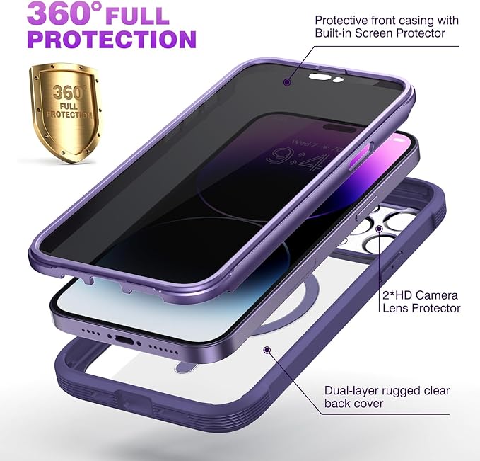 Diaclara Magnetic Designed for iPhone 14 Pro Max Case, Full Body Rugged Case with Built-in Privacy Touch Sensitive Anti-Scratch Screen Protector, with Camera Lens Protector (Purple)