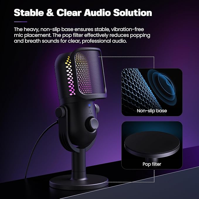 USB Microphone for PC Gaming: Condenser Microphone RGB for Gamer with Stand Mic - Recording Mic for Computer&Laptop with Qiuck Mute - Desk Podcast Mic for Podcast & Singing & Streaming & Youtube Black