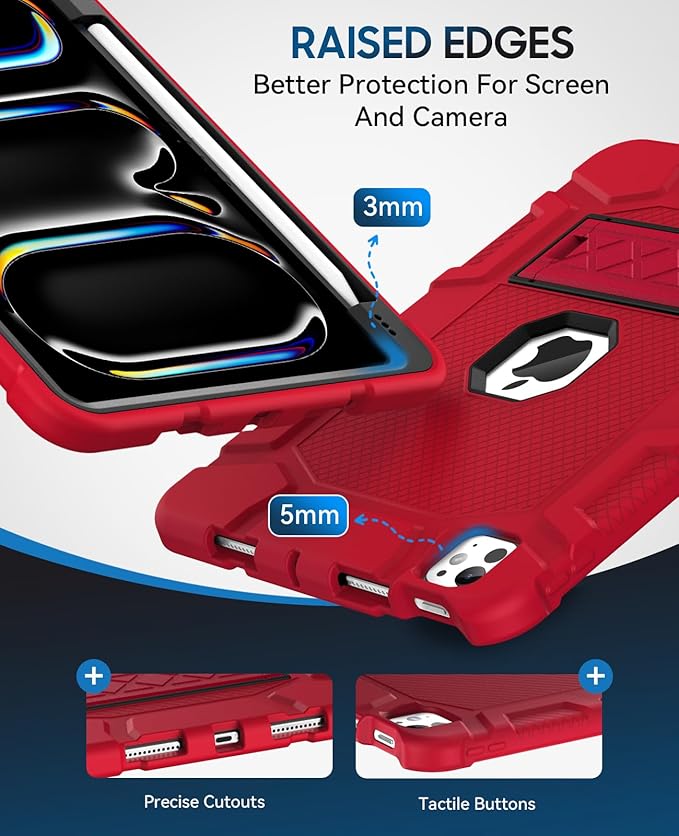 Case for iPad Pro 11 inch Case 2024 (M4), iPad 11 Pro C ase with Pencil Holder, Built-in Stand Shockproof Rugged Protective Cover for iPad Pro 11 inch 5th Gen (Red)