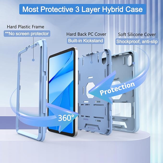 CCMAO for iPad mini 7 A17 Pro Case, iPad mini 6th/7th Generation Case (2021/2024), with Pencil Holder and Kickstand, Heavy Duty Shockproof Hybrid Three Layer Protective Cover, Light Blue