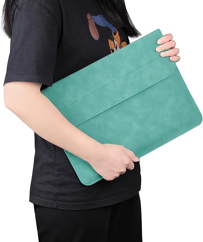 Megoo 14" Slim Laptop Sleeve Case with Stand for Samsung Galaxy Book 13.3", MacBook Air 13.3"/13.6"/Pro 14.2", Microsoft Surface Laptop 13.5", Leather Case for 13" 14" Tablet Chromebook Notebook(Cyan)