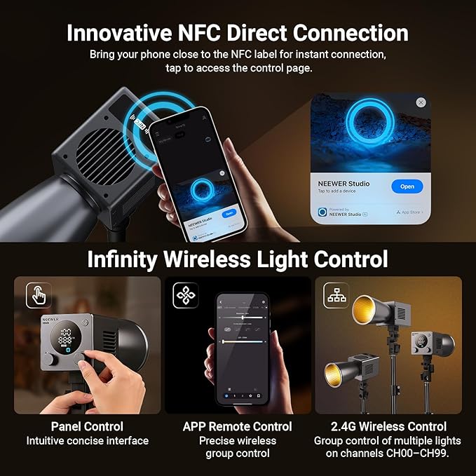 NEEWER 60W Mini LED Video Light with 50Wh Battery/100W PD Fast Charging, APP/2.4G Control/NFC, Bi Color Dimmable COB Studio Continuous Output Lighting 44,800 lux/1m 2700-6500K CRI97+ 12 Scenes, HB60B