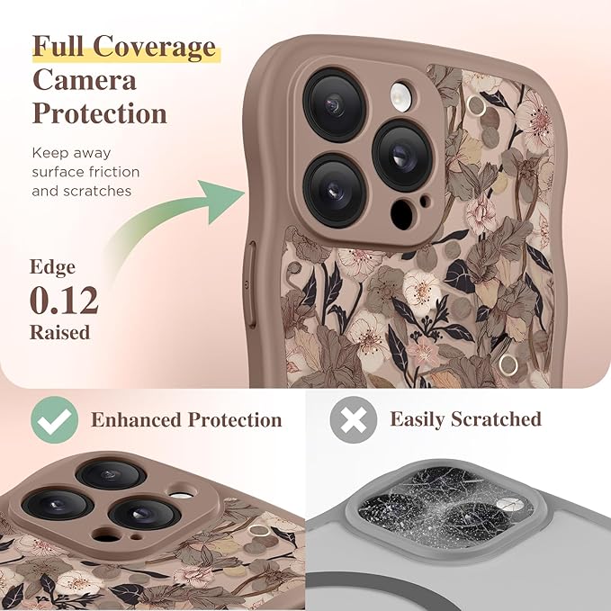 GVIEWIN for iPhone 14 Pro Case Compatible with MagSafe [Curly Wave Edge][Full Camera Protection] Floral Translucent Shockproof Magnetic Women Phone Case for 14 Pro, Apricot Blossom/Brown