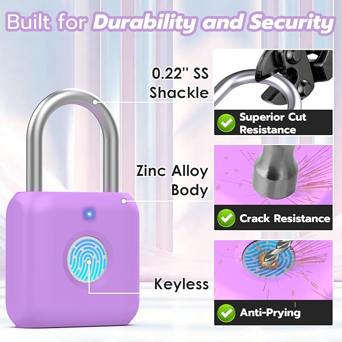 Fingerprint Padlock,Smart Padlock APP Control,Gym Locker Lock,Fingerprint Lock USB Rechargeable for Gym Locker,Locker, School,Storage Purple