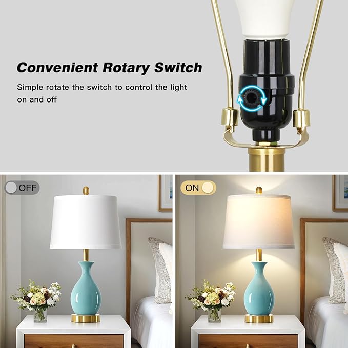 24″ Aqua Blue Ceramic Table Lamp for Living Room, Modern Classic Bedside Lamp for Nightstand, Small Table Lamp for Bedroom End Table (1 Pack)
