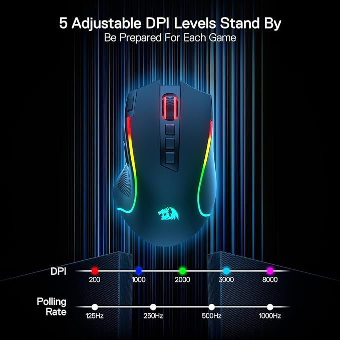 Redragon M612 PRO RGB Gaming Mouse, 8000 DPI Wired/Wireless Optical Mouse with 9 Programmable Buttons & 7 Backlit Modes, BT & 2.4G Wireless, Software Supports DIY Keybinds Rapid Fire Button