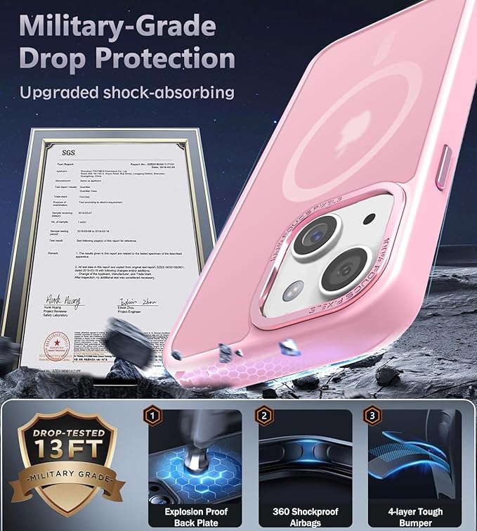 Newfuture Magnetic for iPhone 15 Case [Compatible with Magsafe] [Military Grade Drop Protection] Translucent Matte Anti-Fingerprint Shockproof Phone Case for iPhone 15 6.1 inch, Chalk Pink