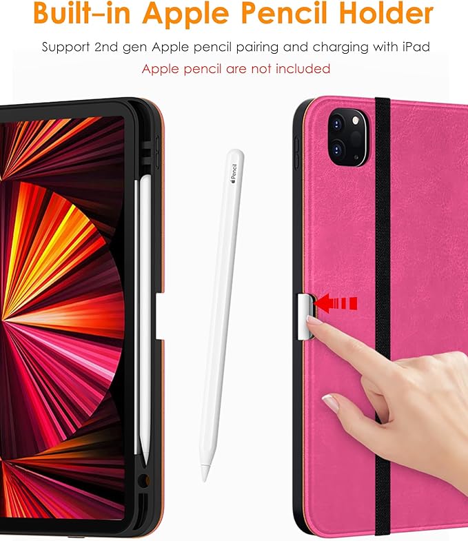DTTO Case for iPad Pro 11 Inch 4th / 3rd / 2nd / 1st Generation 2022/2021/2020/2018,Premium PU Leather Folio Stand Cover with Hand Strap, Auto Wake/Sleep,Multiple Viewing Angles, Rose Red