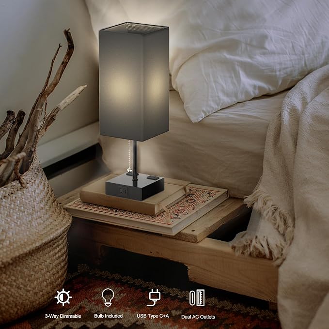 YIDPU Table Lamp for Bedroom with USB,Bedside Lamp with USB C+A Charging Ports,Adjustable 3color LED Light for Home Decor/Nightstand/Office,Included Bulb and Fabric Lamp Shade (Linen Black, 1PCS)