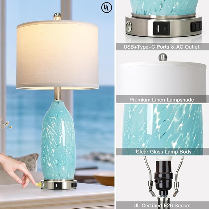 Rinweey 26" Bule Glass Table Lamps Set of 2,Nautical lamp with USB A+C Ports & AC Outlet,Coastal Bedside Lamps with 3-Way Dimmable Touch Control Night Light for Bedroom Living Room,Sky Blue