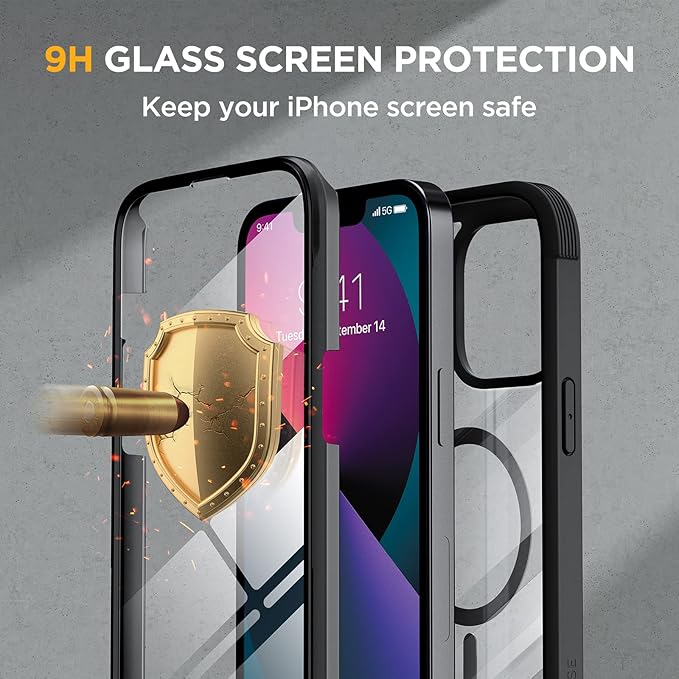 Miracase for iPhone 13 Case 6.1'',Full-Body Magnetic Clear Bumper Case with Built-in 9H Tempered Glass Screen Protector,Military Drop Protection Outdoor Phone Case,Black