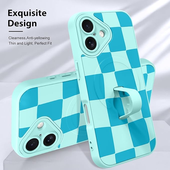 KANGHAR Compatible with iPhone 16 Case, Support for MagSafe, Silicone Checkered Cute Pattern, Wristband Kickstand Camera Protection Soft Slim Cover for Girls Women -Blue