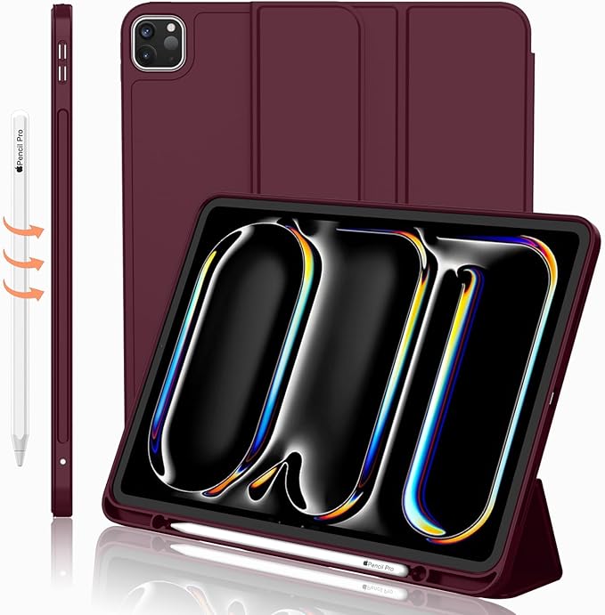 iMieet Case for iPad Pro 11 Inch (M5) 2025 /(M4) 2024 5th Gen, Trifold Stand Smart Cover with Pencil Holder and Soft TPU Back, Auto Wake/Sleep (Wine)