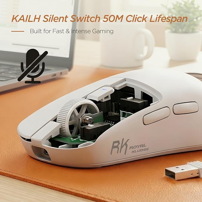 RK ROYAL KLUDGE RK MO3 Wireless Gaming Mouse, 48g Lightweight Computer Mouse, Bluetooth/2.4G/Wired Rechargeable PC Game Mice with Programmable Buttons and Silent Clicks, 6000 DPI for Laptop/Mac, White