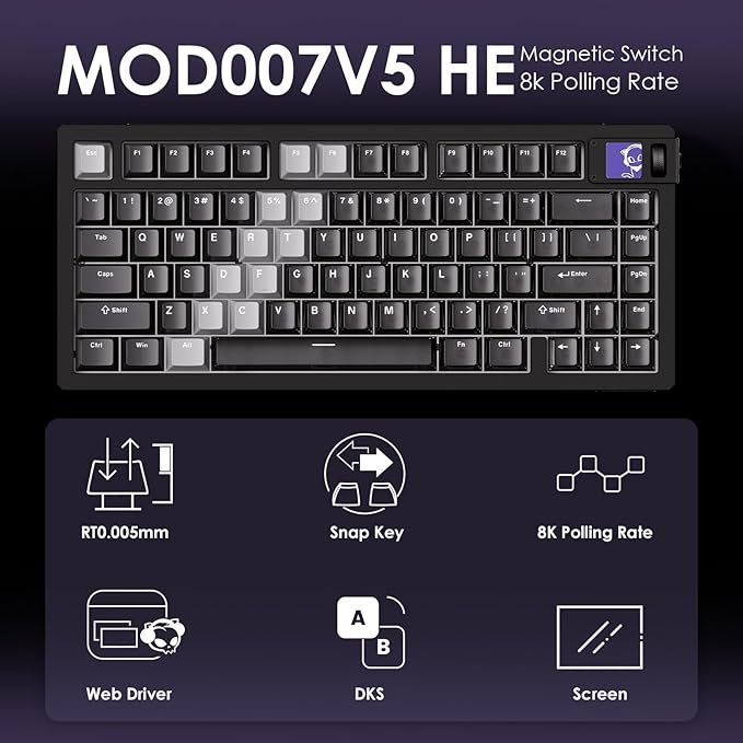 Akko MOD007 V5 HE Wired Rapid Trigger Gaming Keyboard Quick Release Aluminum Black and Transparent Keyboard with Personalized Screen Aluminum Plate Purple, AstroAim Switch