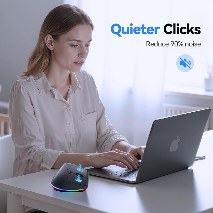 TECKNET RGB Rechargeable Wireless Ergonomic Mouse - USB+Bluetooth Multi-Device LED Vertical Mouse with 11 RGB Backlight Modes, 4800 DPI Adjustable, Ergo Mice for Windows and Mac, Black