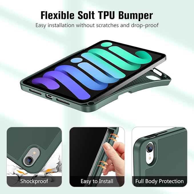 ProCase for iPad mini 7 A17 Pro 2024/iPad Mini 6 2021 8.3 Inch iPad mini 7th/6th Gen Case with Pencil Holder, Trifold Stand Smart Folio with Soft TPU Back Cover for iPad mini 8.3" 7th/6th Gen -Mgreen
