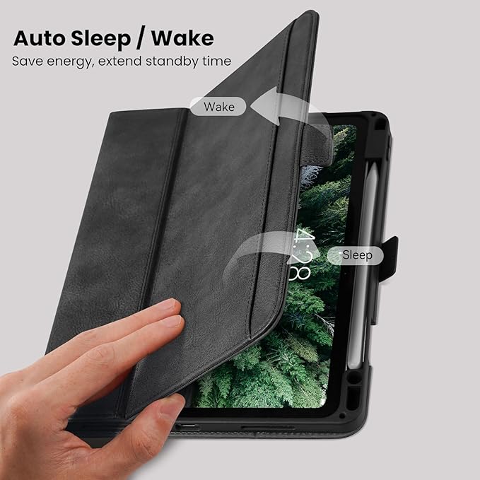 Handmade Case for iPad Pro 11 Inch (M5/M4) 2025/2024 with Pencil Holder Pocket,Magnetic Closure,Auto Sleep/Wake,Vegan Leather Folio Protective Cover,Multi Angles Stand,Black