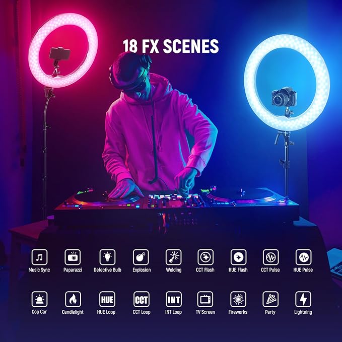 NEEWER 18 Inch RGB LED Ring Light APP Control with Tripod Stand and Phone HolderCompatible with iPhone for Selfie Makeup Lash Studio Streaming Video Recording Lighting, 42W Ringlight Dimmable,RGB18 II