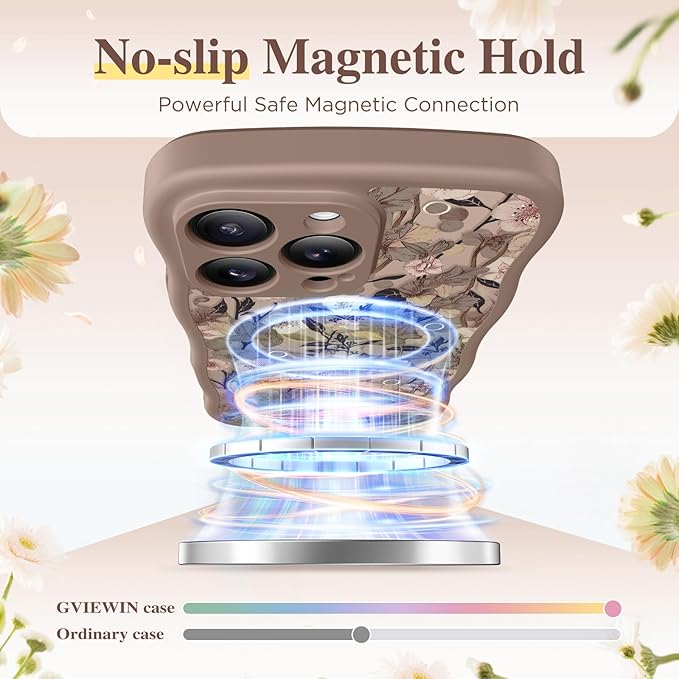 GVIEWIN for iPhone 15 Pro Max Case Compatible with MagSafe [Curly Wave Edge][Full Camera Protection] Floral Translucent Shockproof Magnetic Women Phone Case for 15 Pro Max 6.7'', Apricot Blossom/Brown