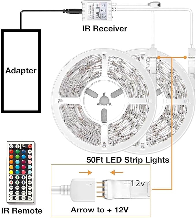 VOLIVO 50ft Led Strip Lights for Bedroom, Color Changing Led Light Strips Kit with Bluetooth App Control and IR Remote, RGB Music Sync Lighting for Room, Home Decor