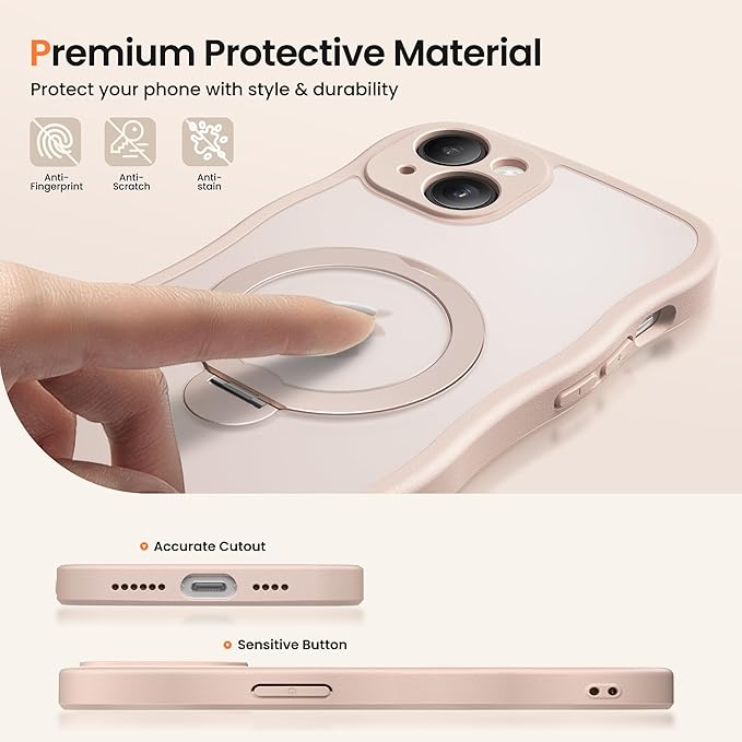 CAPRARO for iPhone 15 Case with 360° Spin Magnetic Stand for Women, [Compatible with MagSafe] [Full Camera Protection] Cute Wave Translucent Matte Case for iPhone 15, Rose Gold
