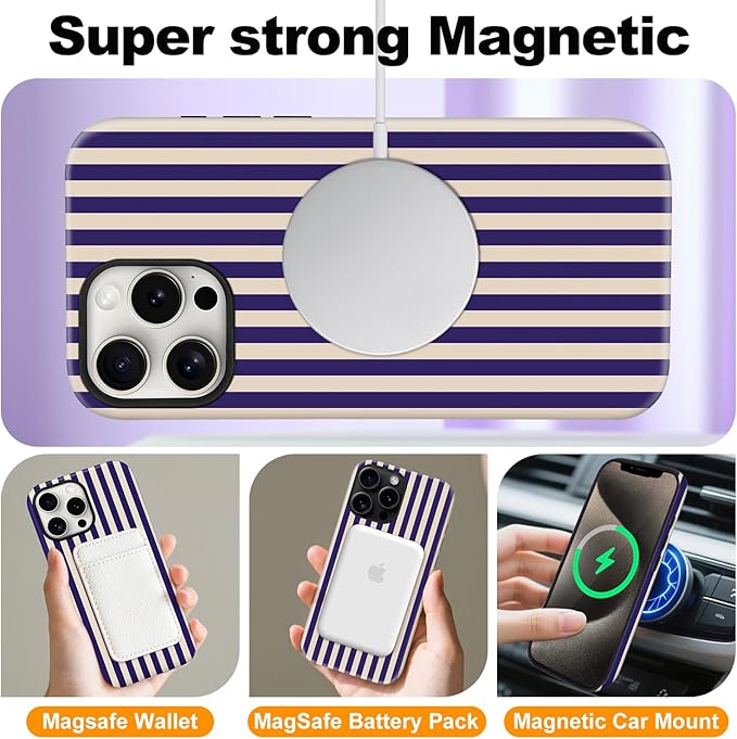 Magnetic for iPhone 16 Pro Max Case Cute Stripes Phone Case, Shockproof Slim TPU and Hard PC Protective Phone Cover Compatible with MagSafe Designed for Women Girls, Deep Purple