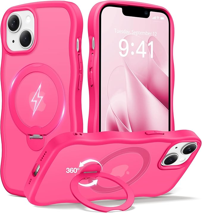 CAPRARO for iPhone 13 Case & iPhone 14 Case with 360° Spin Magnetic Stand for Women, [Compatible with MagSafe] [Camera Protection] Cute Wave Translucent Matte Case for iPhone 13/14, Hot Pink