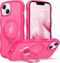 CAPRARO for iPhone 13 Case & iPhone 14 Case with 360° Spin Magnetic Stand for Women, [Compatible with MagSafe] [Camera Protection] Cute Wave Translucent Matte Case for iPhone 13/14, Hot Pink