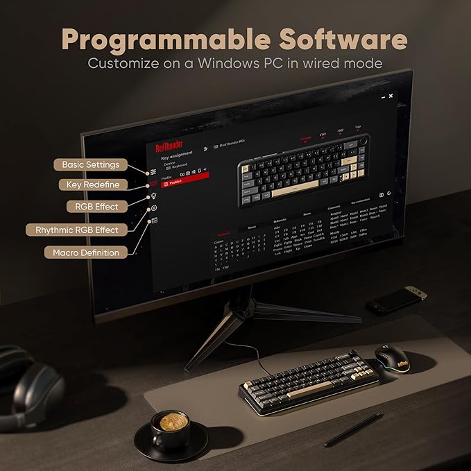 RedThunder K65 Wireless Mechanical Keyboard, CNC Knob, Tri-Mode BT5.0/2.4GHz/USB-C Hot Swappable Custom, Pre-lubed Linear Coconut Switches, Gasket Structure, RGB Gaming Keyboard, Black-Gold