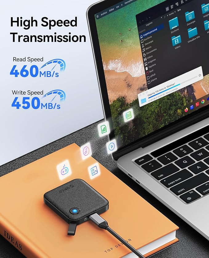 ORICO Portable SSD 480GB with 2 in 1 USB C Cable, External Solid State Drives, Up to 460MB/s, Status Indicator, Reliable Storage for USB-C Smartphone, Tablet, PC - B5PLUS