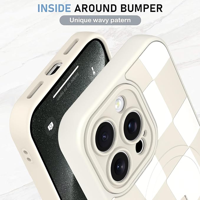 KANGHAR Compatible with iPhone 15 Pro Max Case, Support for MagSafe, Silicone Checkered Cute Pattern, Wristband Kickstand Camera Protection Soft Slim Cover for Girls Women -White