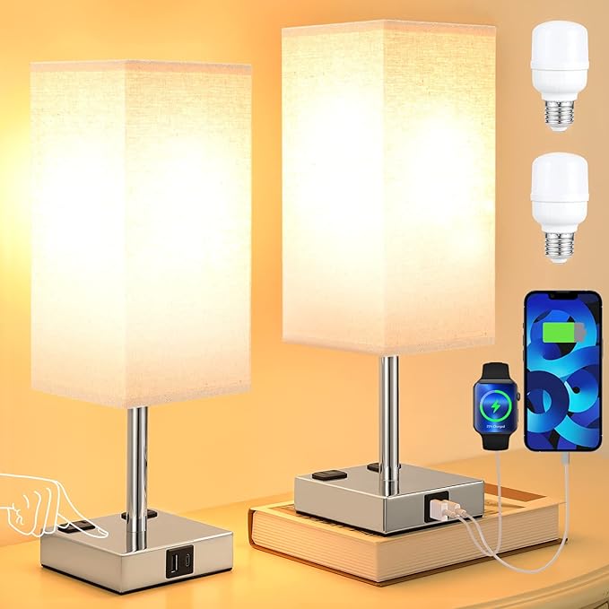 aooshine Beige Set of 2 Touch Lamp with USB Port-Nightstand Lamp with USB-C+A Charge Ports& AC Outlets, 3-Way Dimmable Bedside Lamp with Shade,Small Table Lamp for Bedroom Living Room(Bulb Included)