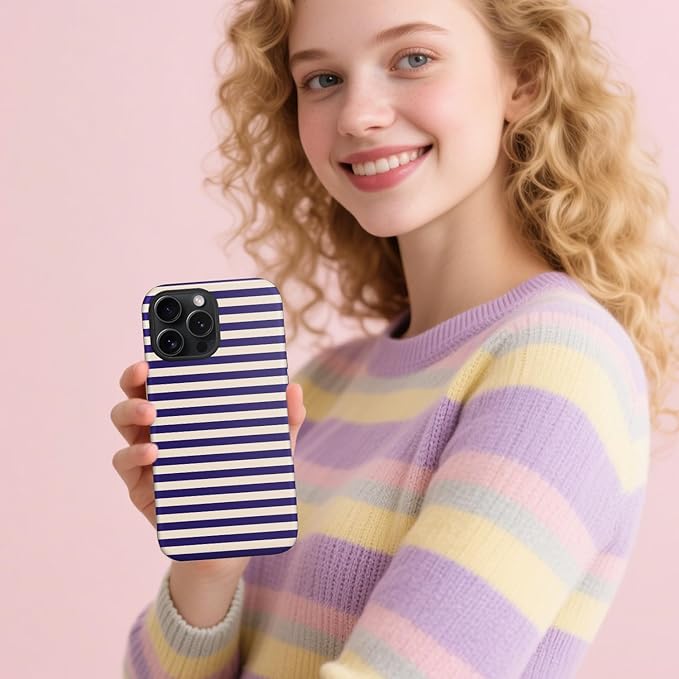 Magnetic for iPhone 14 Plus Case Cute Stripes Phone Case, Shockproof Slim TPU and Hard PC Protective Phone Cover Compatible with MagSafe Designed for Women Girls, Blue&Apricot
