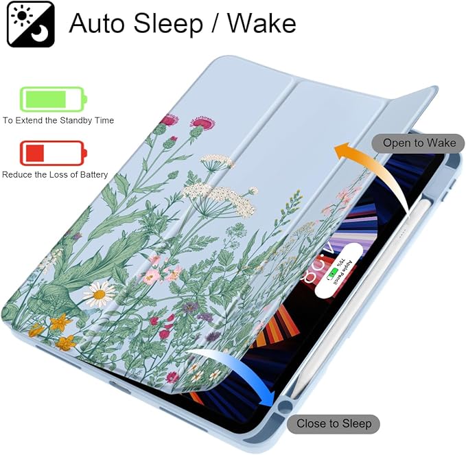 May Chen Case for iPad Pro 11-Inch M5/M4 2025/2024 (6th/5th Generation), Clear Transparent Print Back Shell Slim Stand Shockproof Tablet Cover, Auto Wake/Sleep, Herbs Flowers