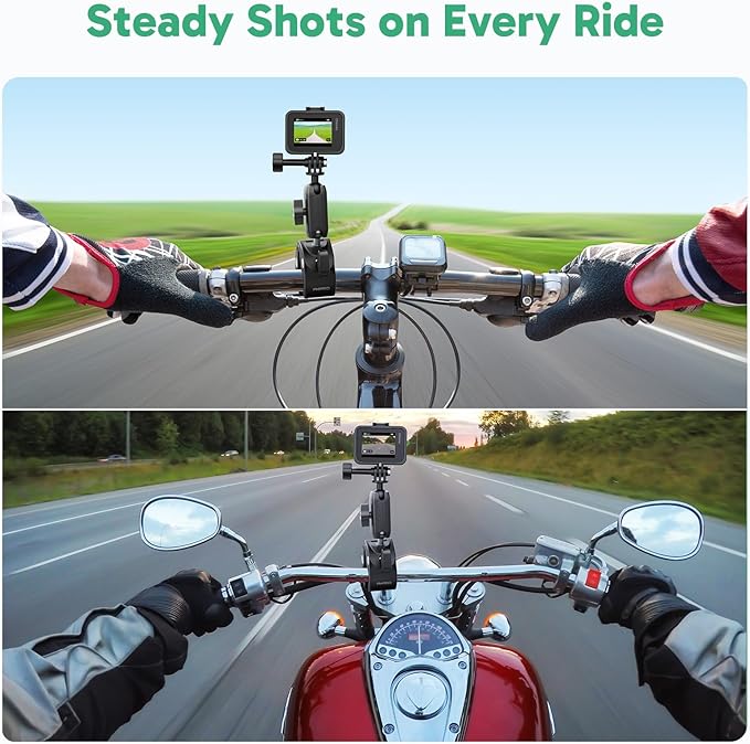 AKASO Motorcycle Handlebar Clamp Mount Mountain Bike Pole Mount for GoPro 13 12 11 10 9, EK7000/EK7000 Pro, Brave 4/4 Pro, Brave 7/7 LE, V50 X, V50 Elite Action Cameras