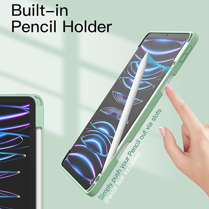 JETech Case ONLY for iPad Pro 11 Inch (2022/2021/2020/2018) with Pencil Holder, Clear Transparent Back Shell Slim Stand Shockproof Tablet Cover, Auto Wake/Sleep (Matcha Green)