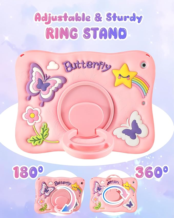 Kidcube for iPad 9th/8th/7th Generation Case 10.2 Inch - for Girls Cute Girly Kawaii 3D Butterfly Design Cover with Rotating Stand & Strap Unique Silicone Teens Women for iPad 9th/8th/7th Gen Case