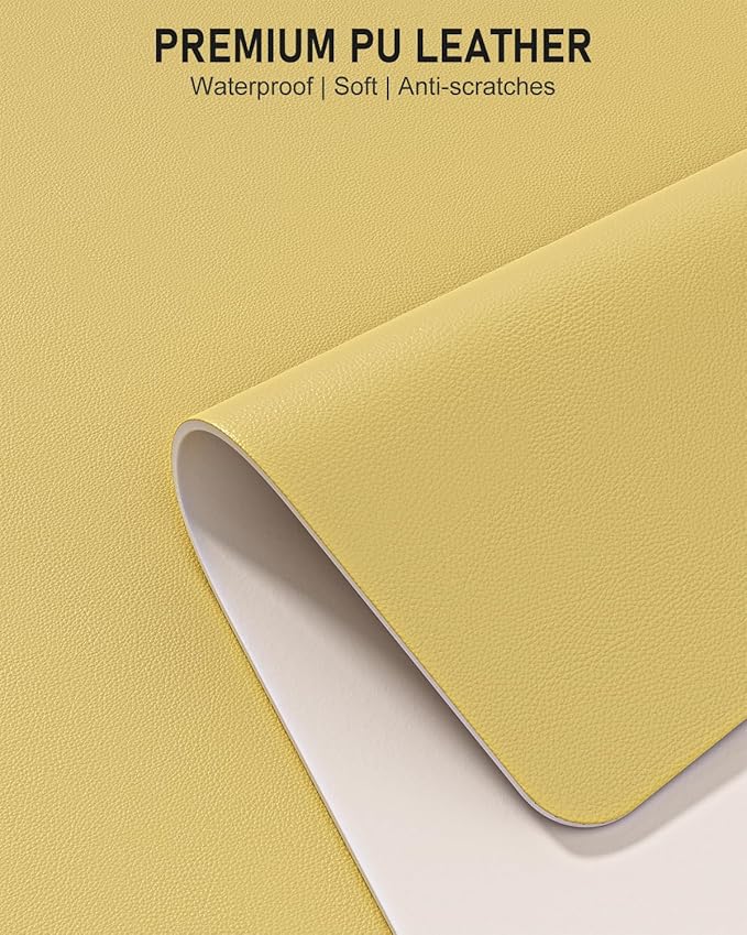 Desk Pad, 30" x 14" PU Leather Non-Slip Desk Mat Large Mouse Pad for Desktop, Waterproof Laptop Computer Writing Mat for Office, Home, Work, Gaming, Pale Yellow