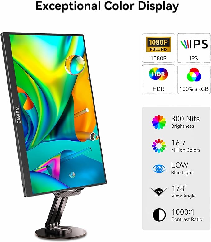 WUAWE Portable Monitor, 15.6'' 72% NTSC 100% sRGB USB C HDMI Travel Monitor for Laptop with Built-in Stand, HDR Freesync Low Blue Light for PC Mac Phone PS5 Switch.