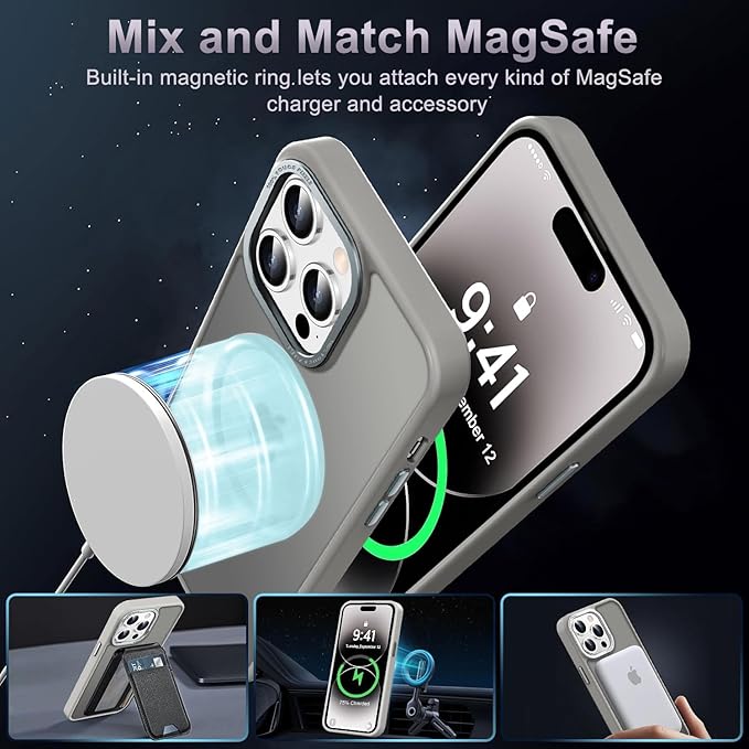 Newfuture Designed for iPhone 14 Pro Case with Magnetic [13 FT Military Drop Protection] [Compatible with Magsafe] Slim Translucent Matte Shockproof with Anti-Fingerprint Phone Case, Titanium Gray