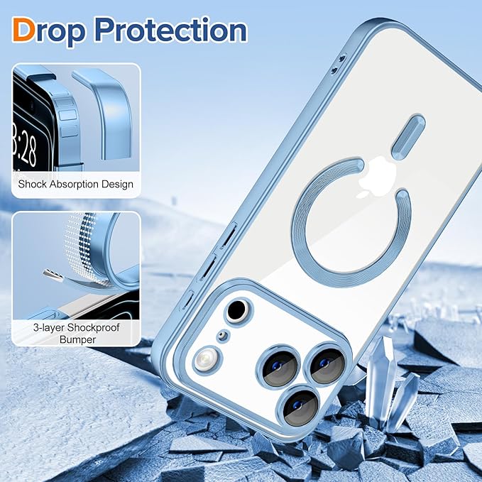 Hython Magnetic Clear for iPhone 17 Pro Max Case with Camera Lens Protector [Compatible with MagSafe] Plating Edge Slim Soft TPU Cover Protective Phone Case for 17 Pro Max 6.9", Matte Light Blue