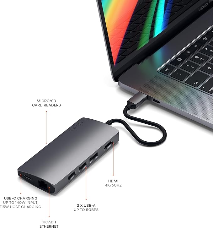 Satechi 8 in 1 USB C Hub Multiport Adapter V2, 4K HDMI, 115W USB C PD Charging, 3 USB-A, Ethernet, Micro/SD Card Readers, for Laptop, MacBook Air/Pro/Neo, iPad Air/Pro, Windows - Space Gray